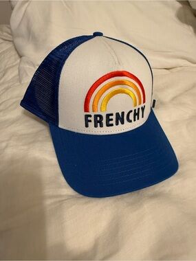 Frenchy Blue and White Trucker Hat with Rainbow Embroidery -